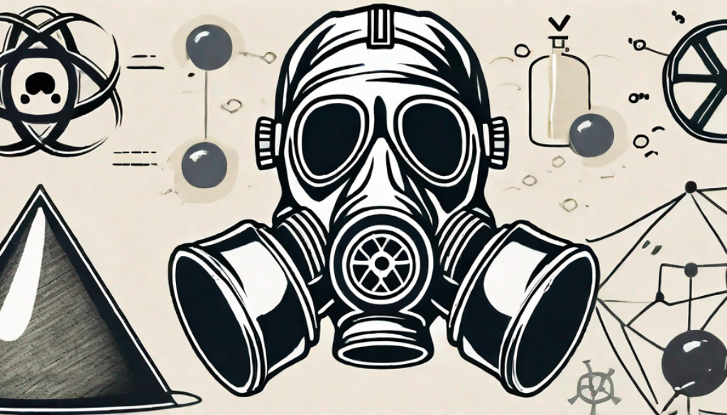 A gas mask lying next to a set of symbols representing chemical