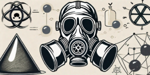 A gas mask lying next to a set of symbols representing chemical