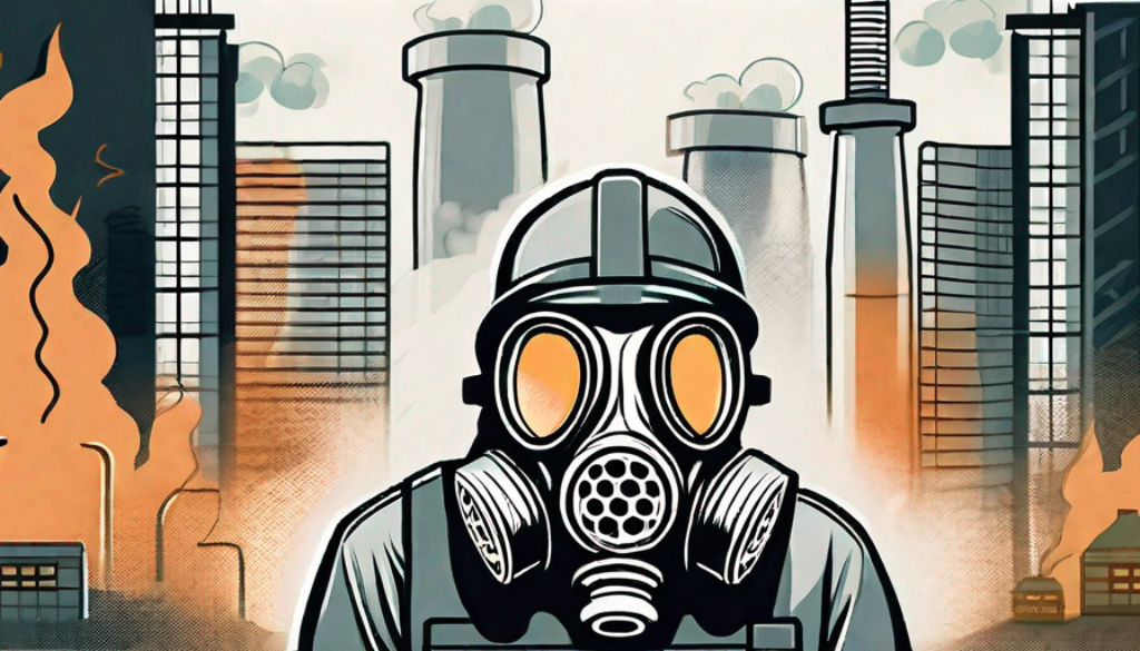 A cbrn gas mask prominently displayed against a backdrop of various hazardous environments such as a smoky cityscape