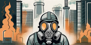 A cbrn gas mask prominently displayed against a backdrop of various hazardous environments such as a smoky cityscape