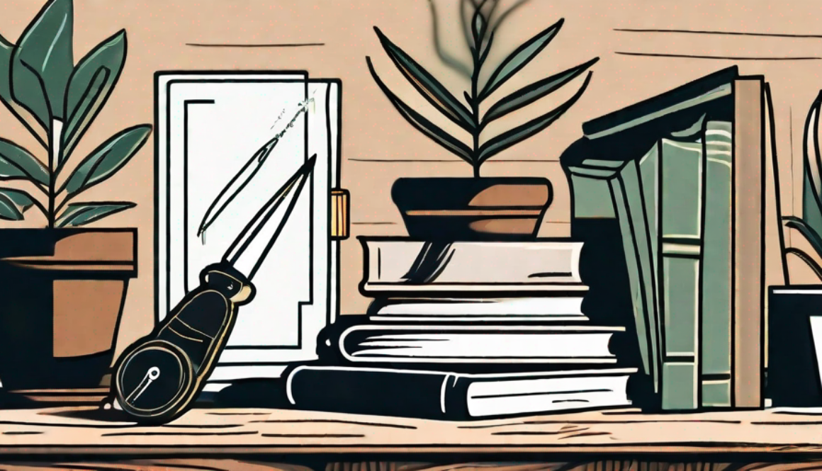Several diverse books standing upright on a rustic wooden table