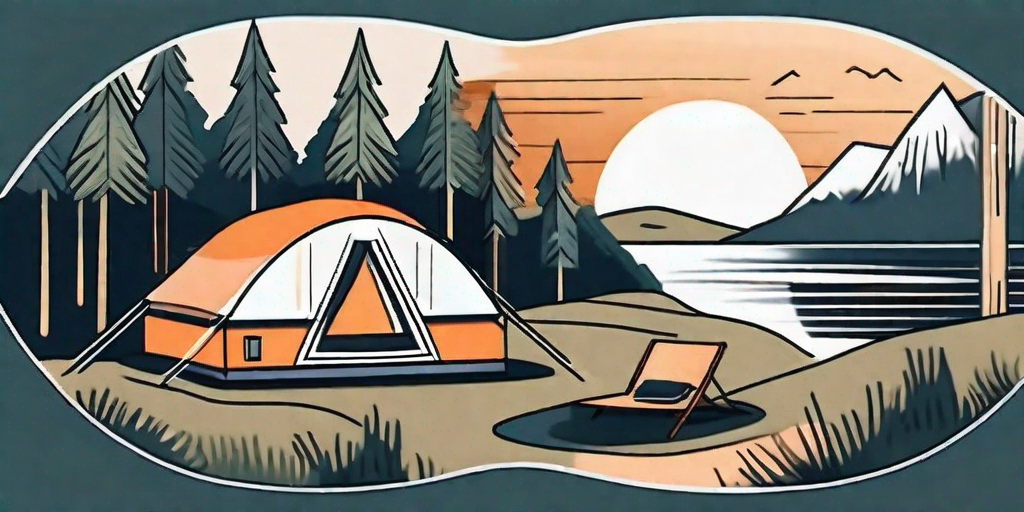 A scenic outdoor setting featuring a traditional camping tent and a luxurious glamping pod