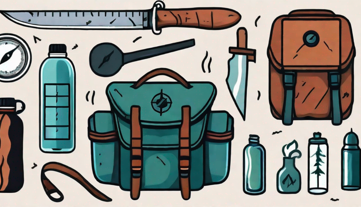 A survival kit with essential items such as a compass