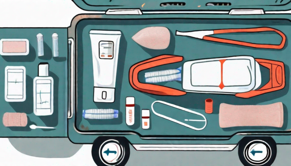 An open car medical kit with various emergency medical supplies like bandages