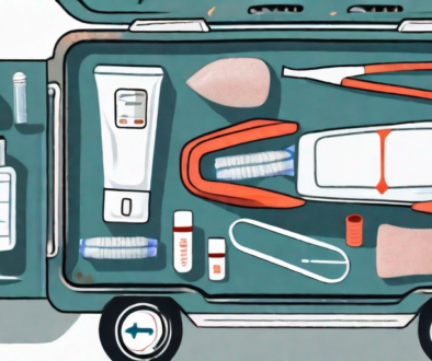 An open car medical kit with various emergency medical supplies like bandages