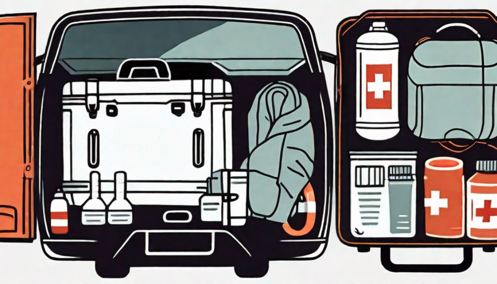 A car trunk open with various survival items like a first aid kit