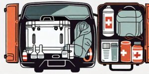 A car trunk open with various survival items like a first aid kit