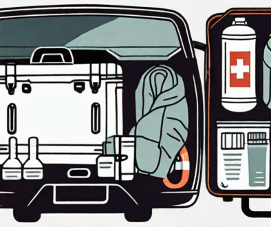 A car trunk open with various survival items like a first aid kit